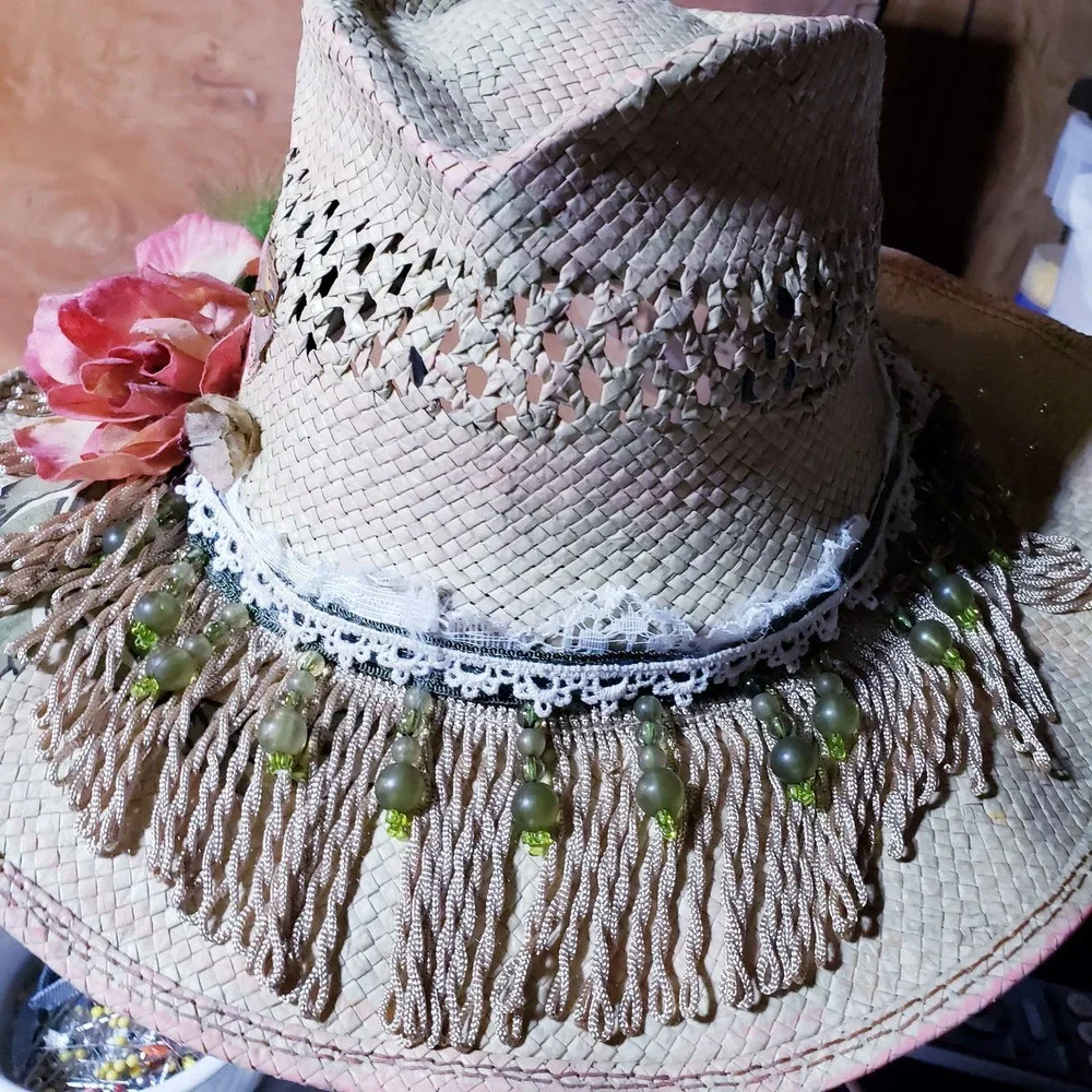 Vintage Scala Straw Hat Upcycled Painted‎ beads, feathers